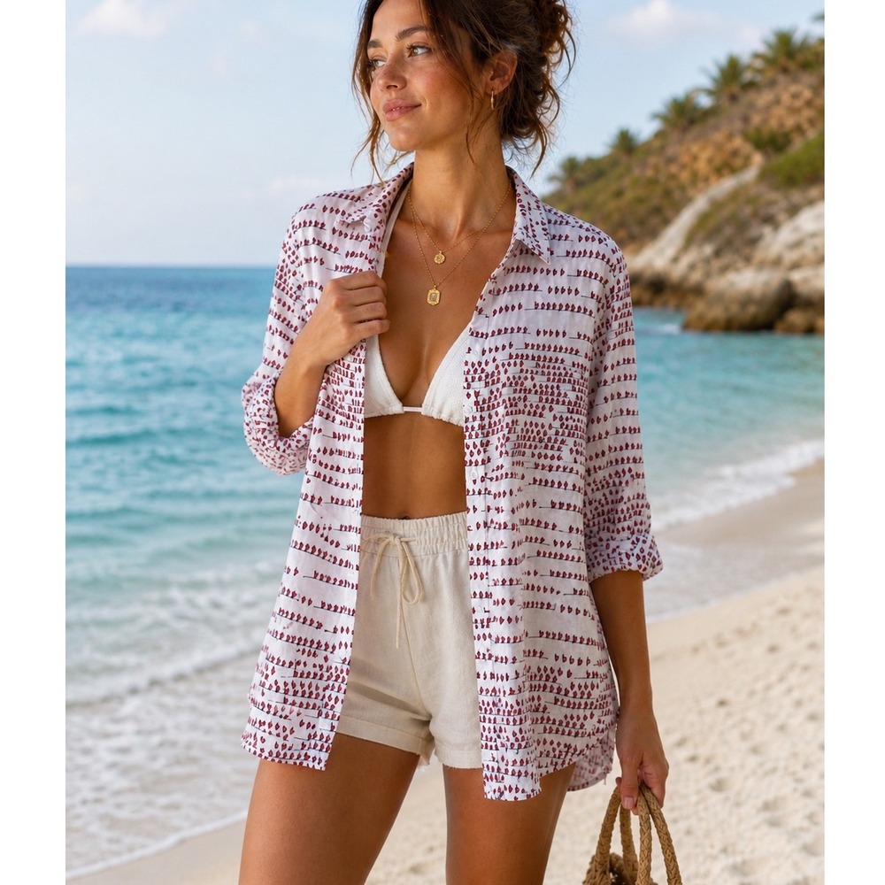 Beachlunchlounge Heart Print Button Down White Red Size L Whimsical
